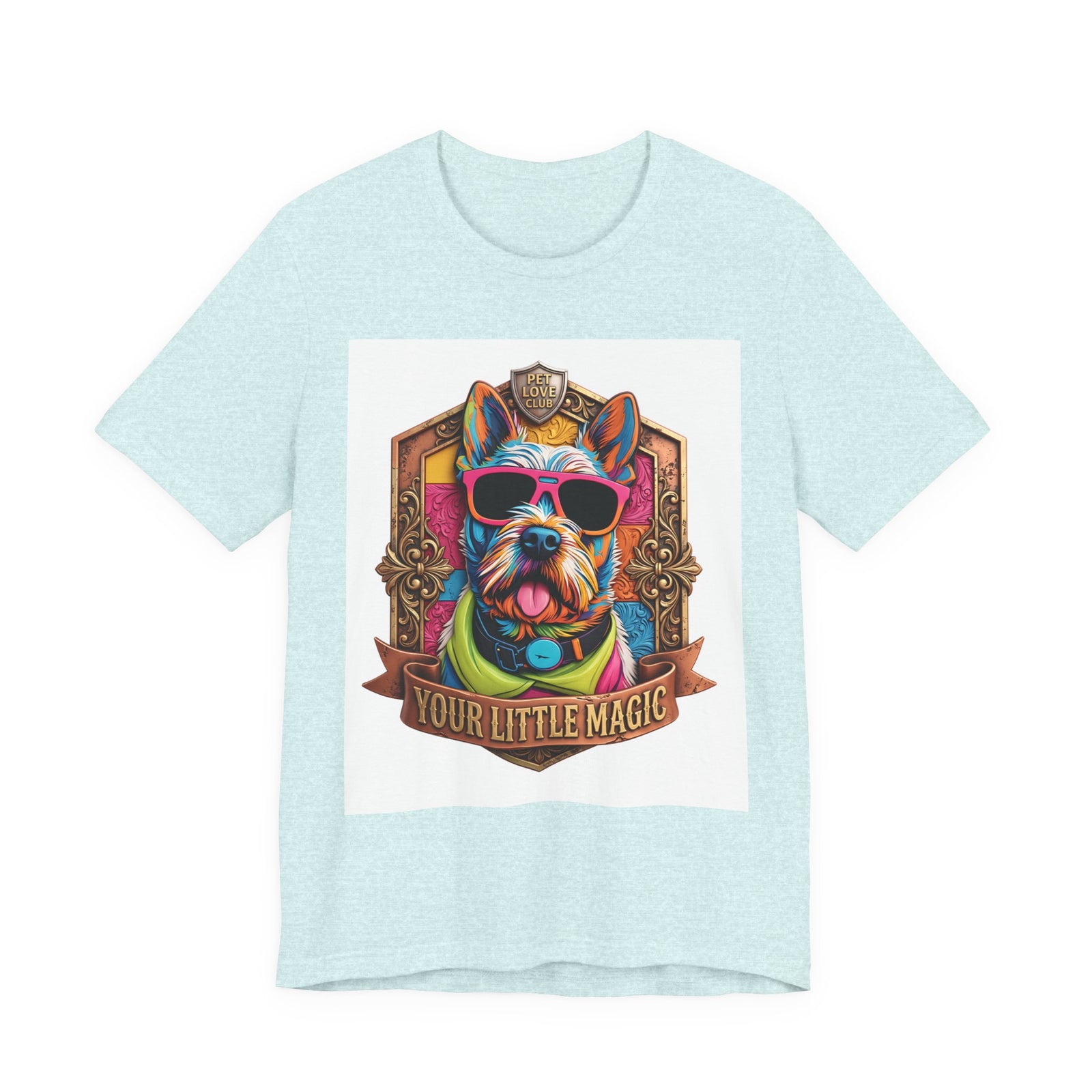 Your Little Magic Terrier in Sunglasses T-Shirt in Heather Prism Ice Blue, front view, print preview rendered from the print file