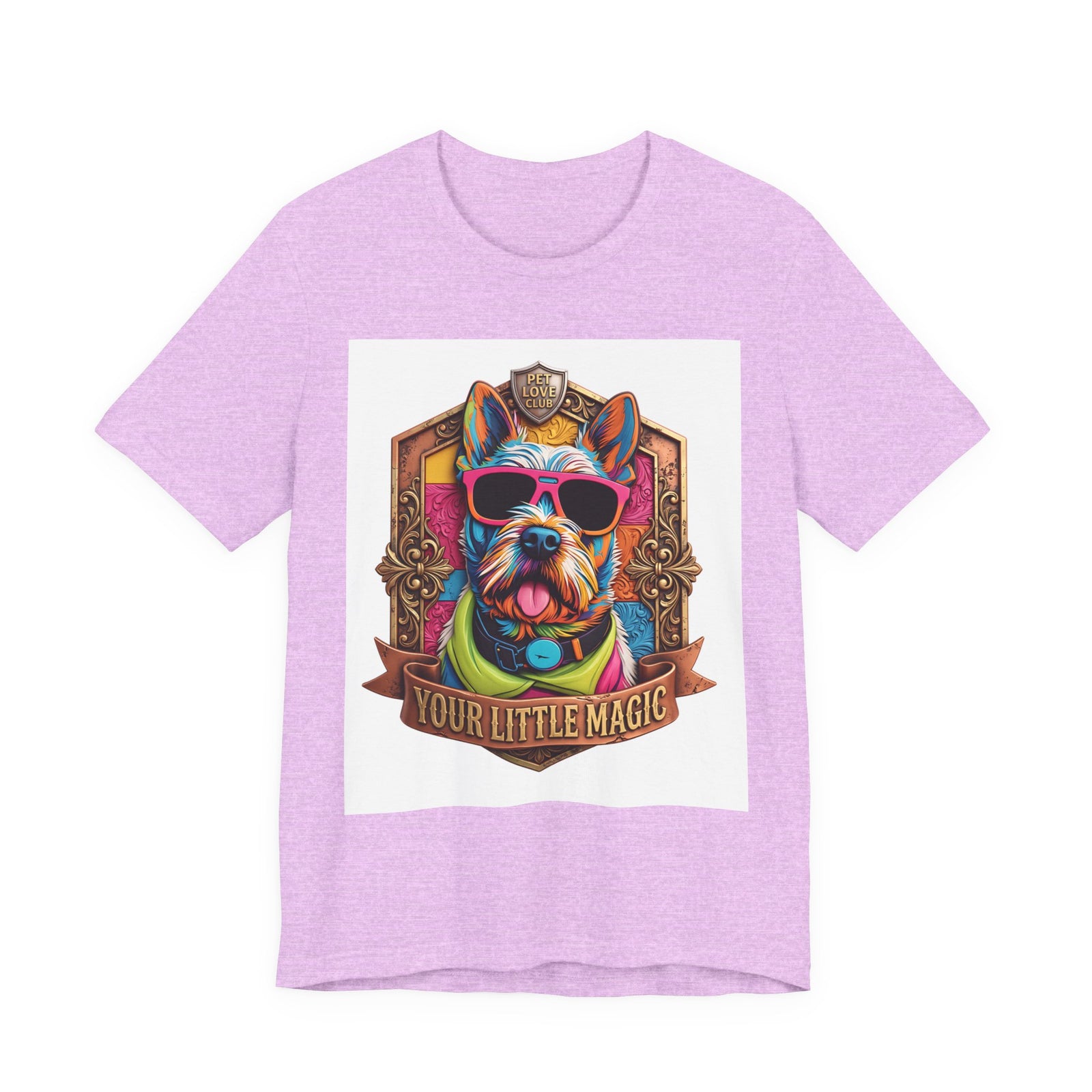 Your Little Magic Terrier in Sunglasses T-Shirt in Heather Prism Lilac, front view, print preview rendered from the print file