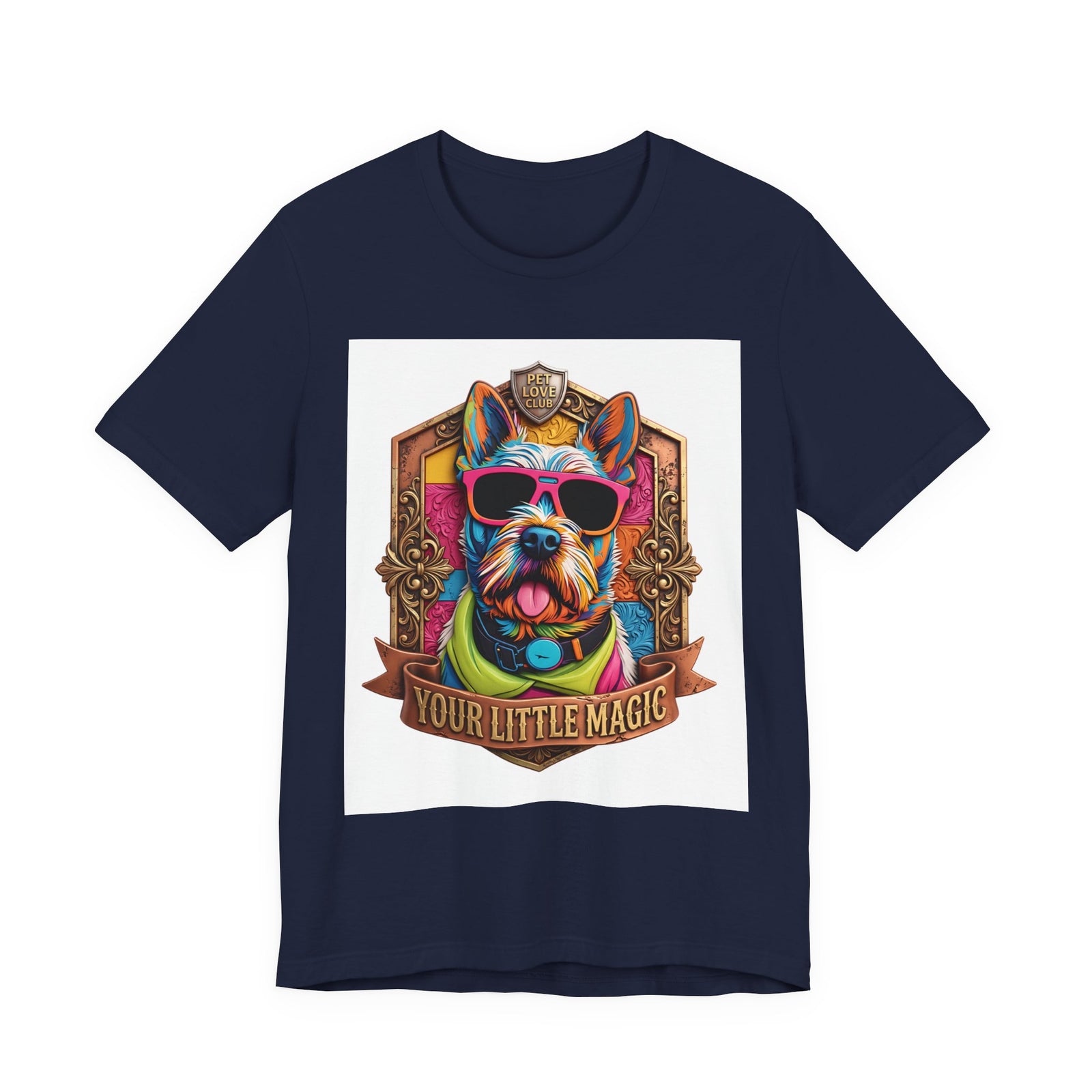 Your Little Magic Terrier in Sunglasses T-Shirt in Navy, front view, print preview rendered from the print file