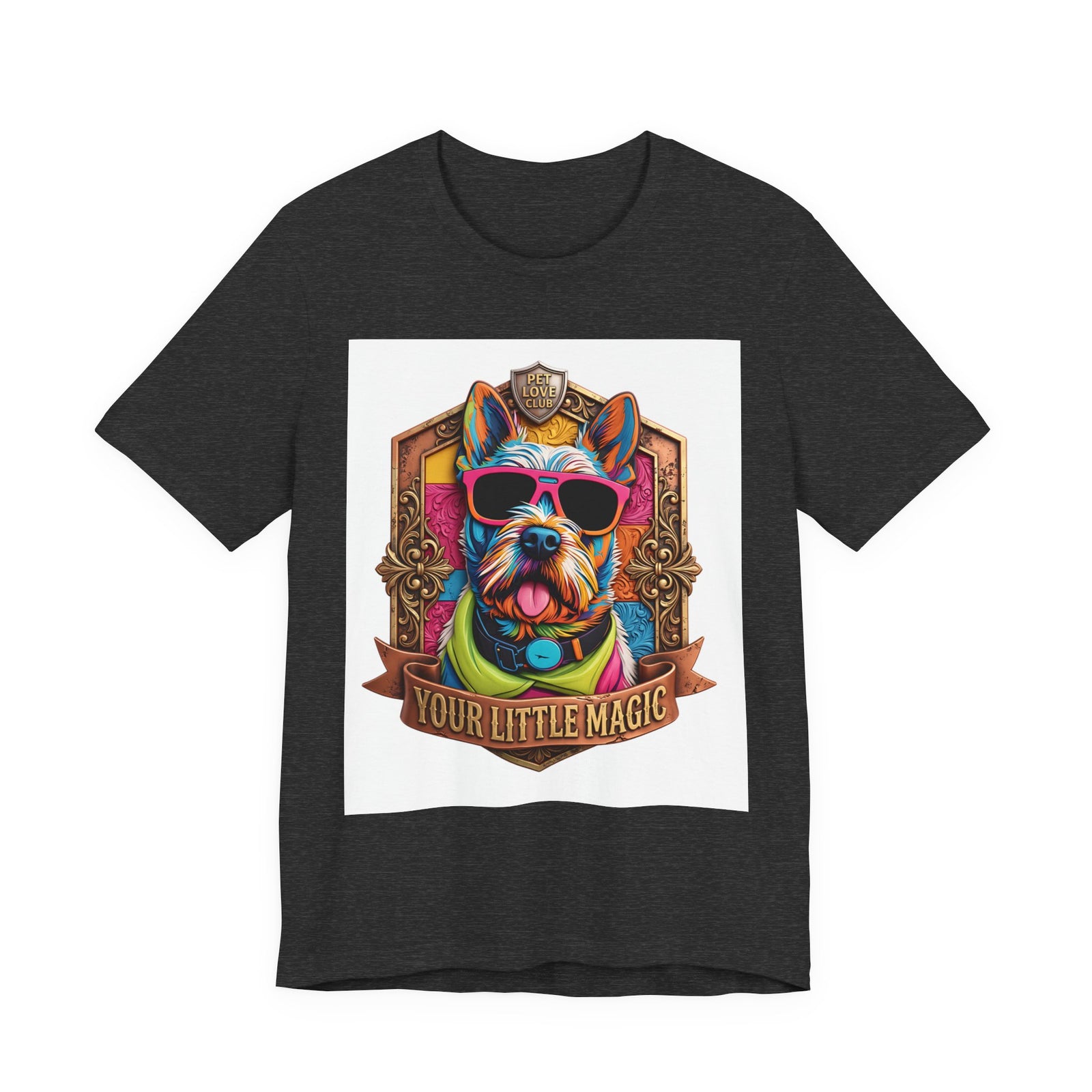 Your Little Magic Terrier in Sunglasses T-Shirt in Dark Grey Heather, front view, print preview rendered from the print file