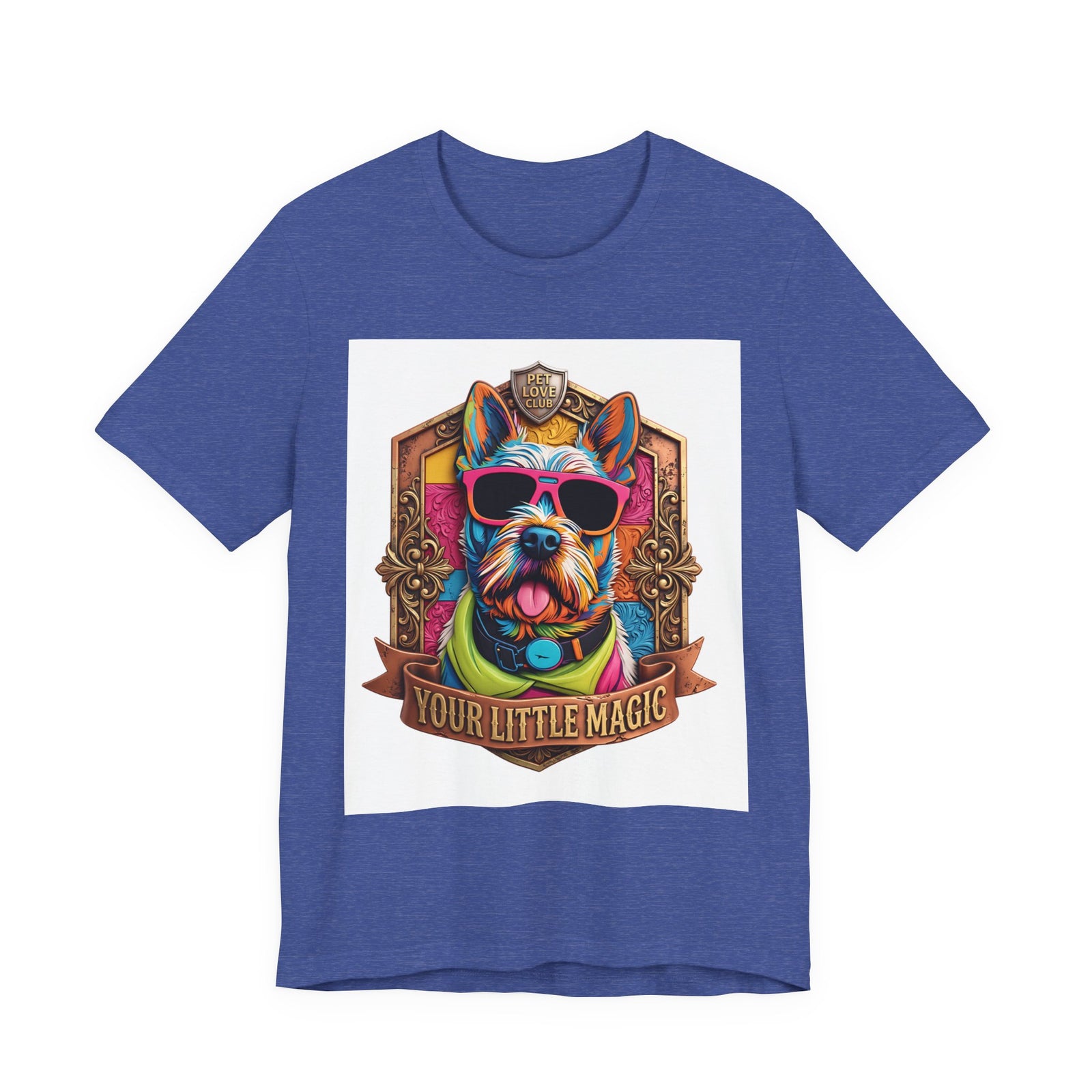 Your Little Magic Terrier in Sunglasses T-Shirt in Heather True Royal, front view, print preview rendered from the print file