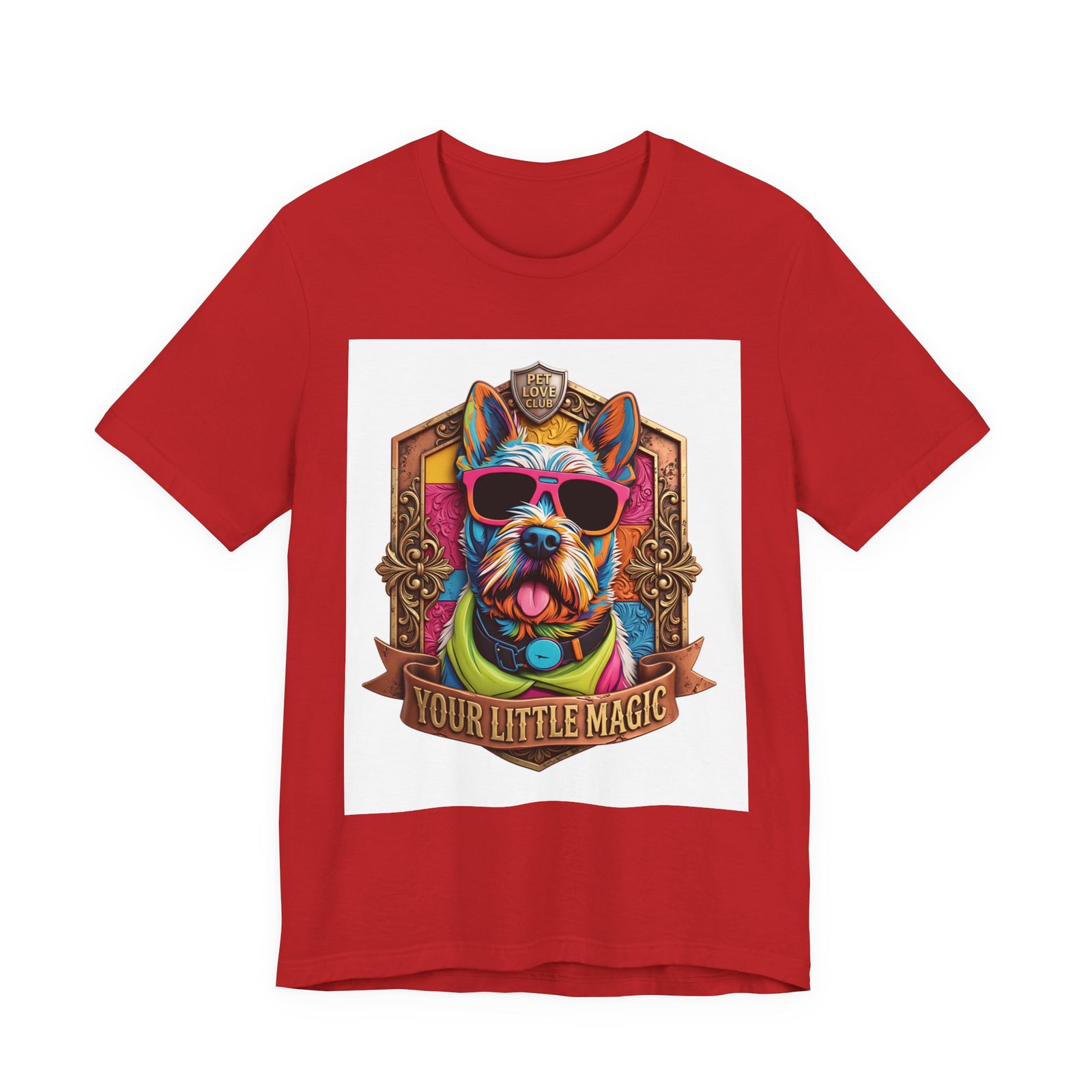 Your Little Magic Terrier in Sunglasses T-Shirt in Red, front view, print preview rendered from the print file
