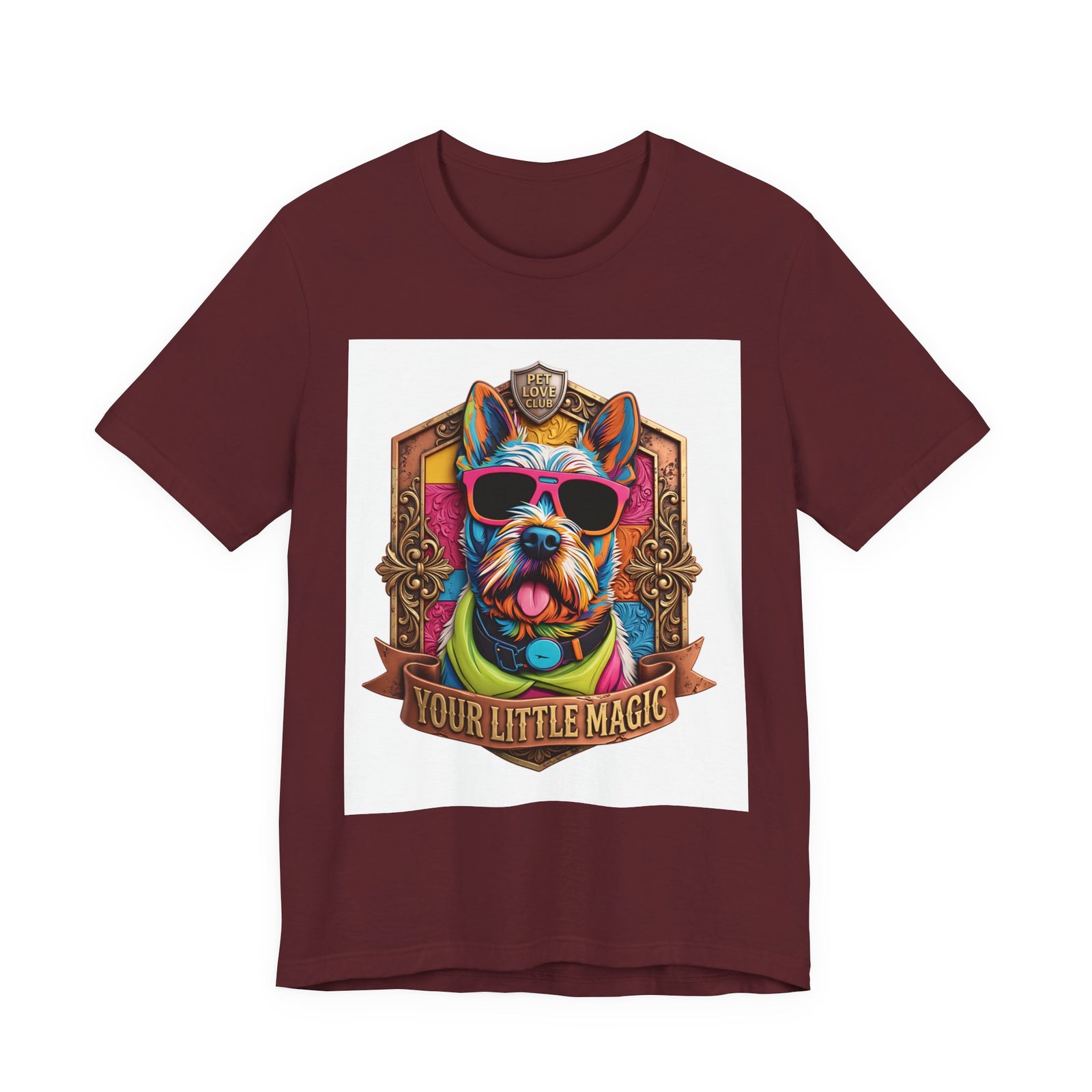 Your Little Magic Terrier in Sunglasses T-Shirt in Maroon, front view, print preview rendered from the print file