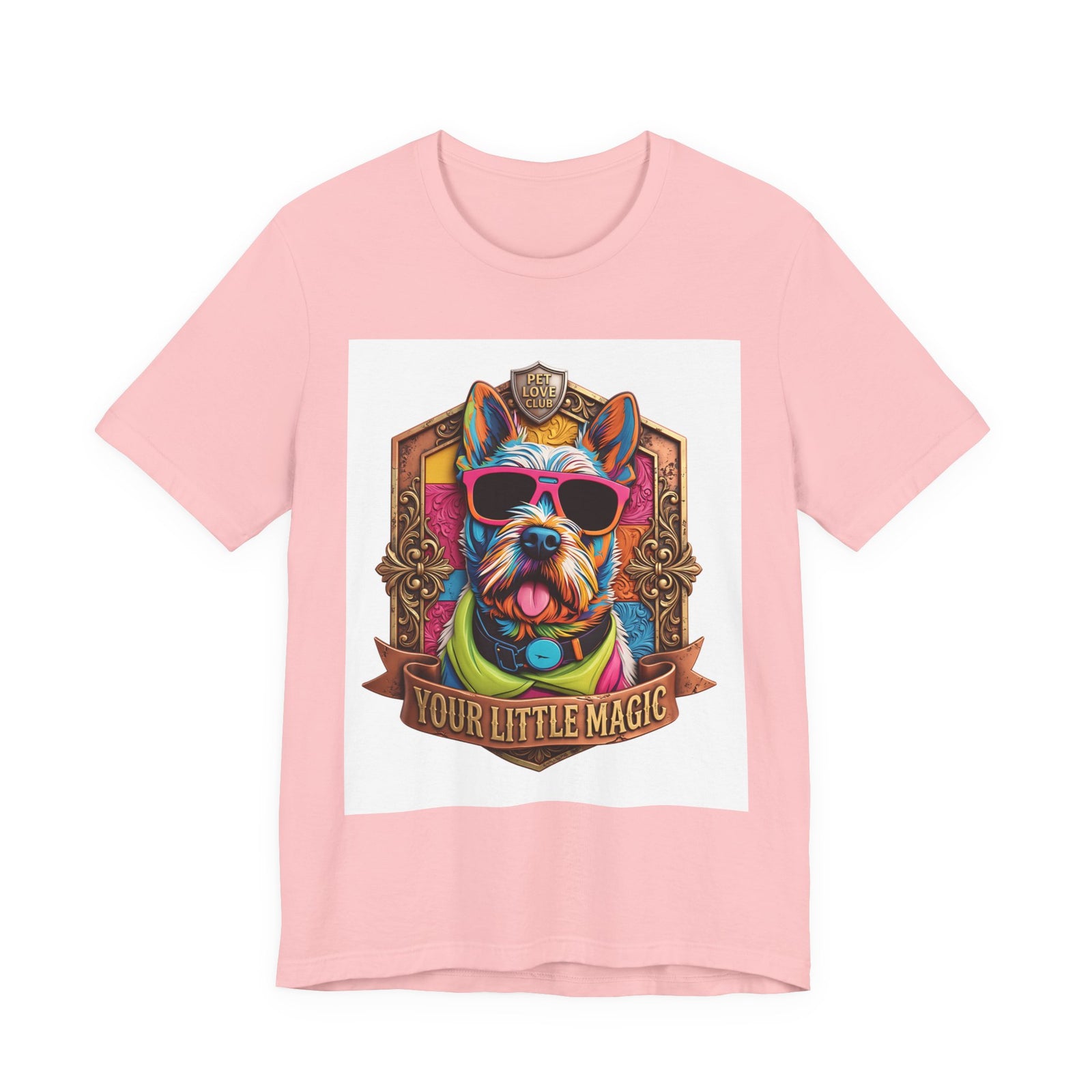 Your Little Magic Terrier in Sunglasses T-Shirt in Pink, front view, print preview rendered from the print file