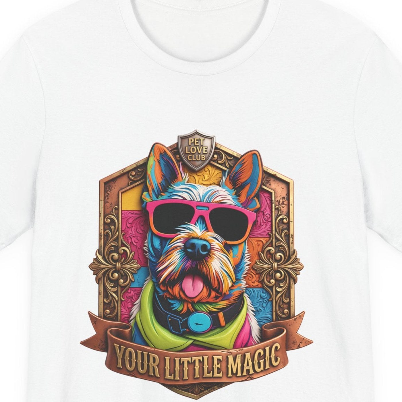 Close-up of the Your Little Magic Terrier in Sunglasses print on the White tee, rendered from the print file
