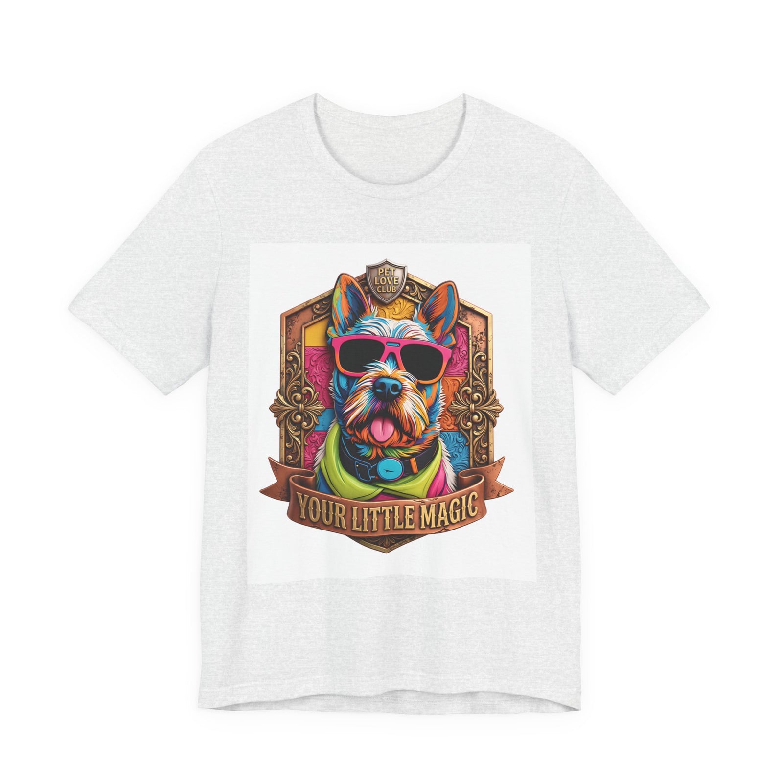 Your Little Magic Terrier in Sunglasses T-Shirt in Ash, front view, print preview rendered from the print file