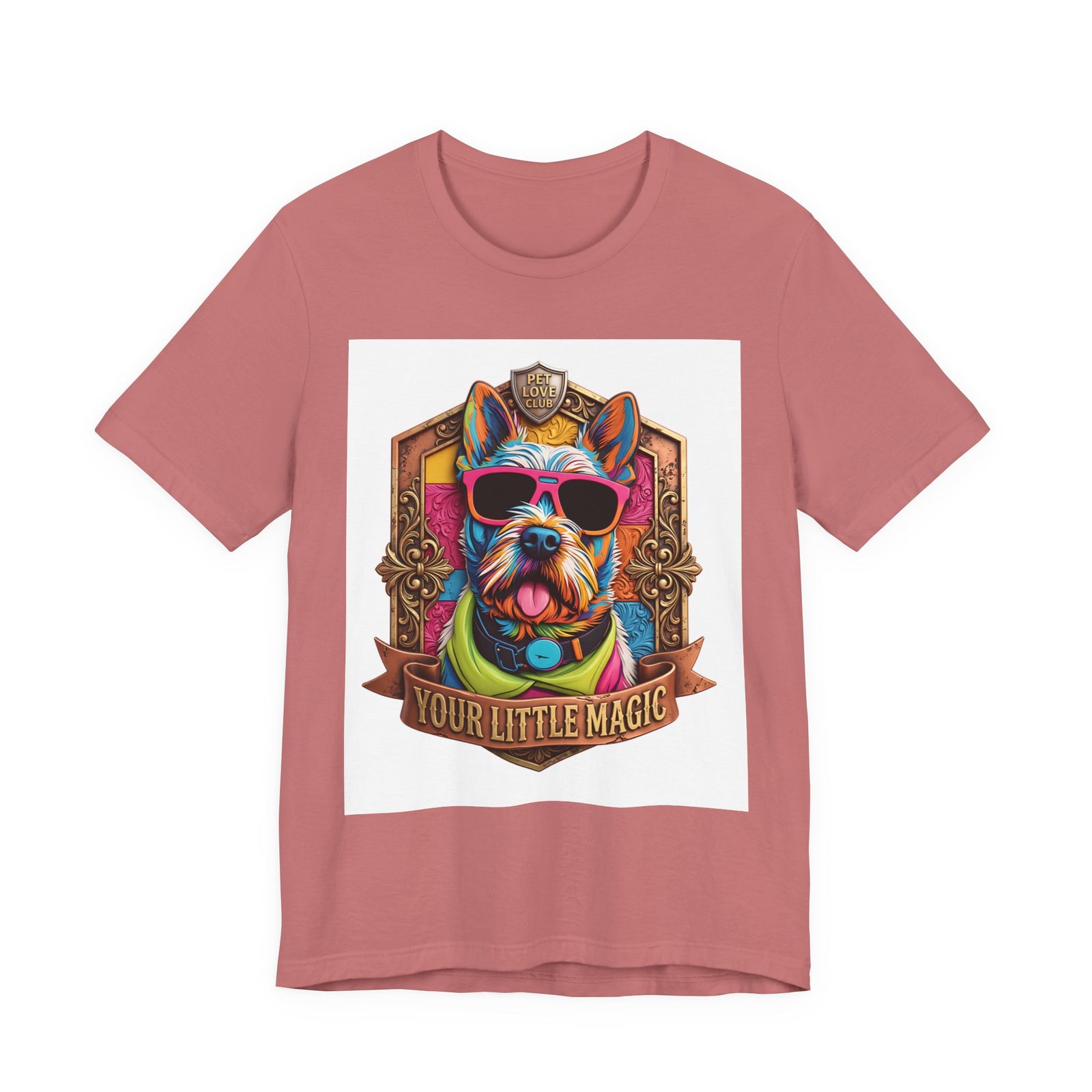 Your Little Magic Terrier in Sunglasses T-Shirt in Mauve, front view, print preview rendered from the print file