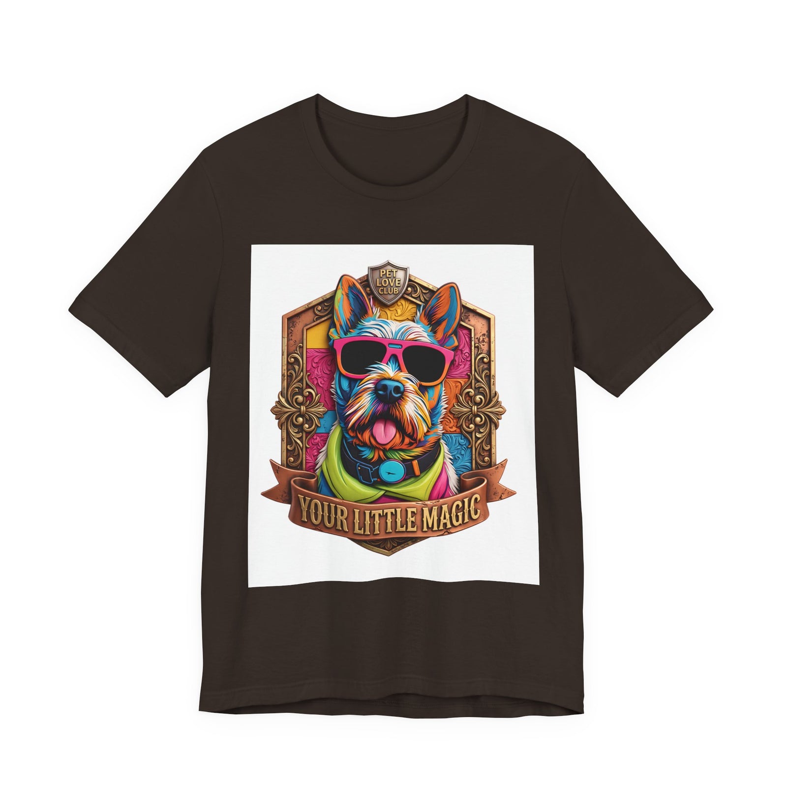 Your Little Magic Terrier in Sunglasses T-Shirt in Brown, front view, print preview rendered from the print file