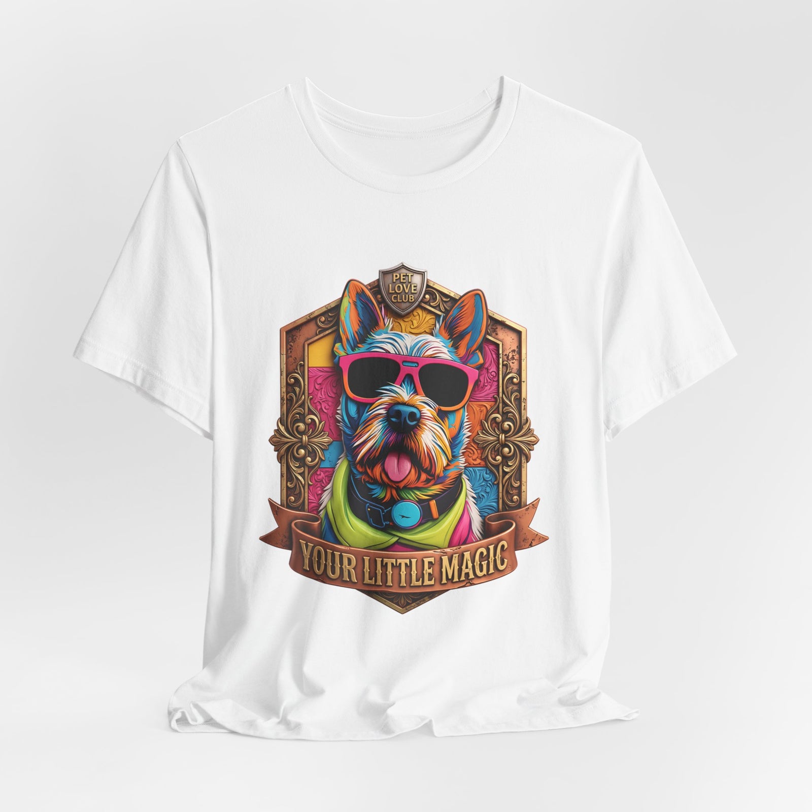 Your Little Magic Terrier in Sunglasses T-Shirt in White, laid flat