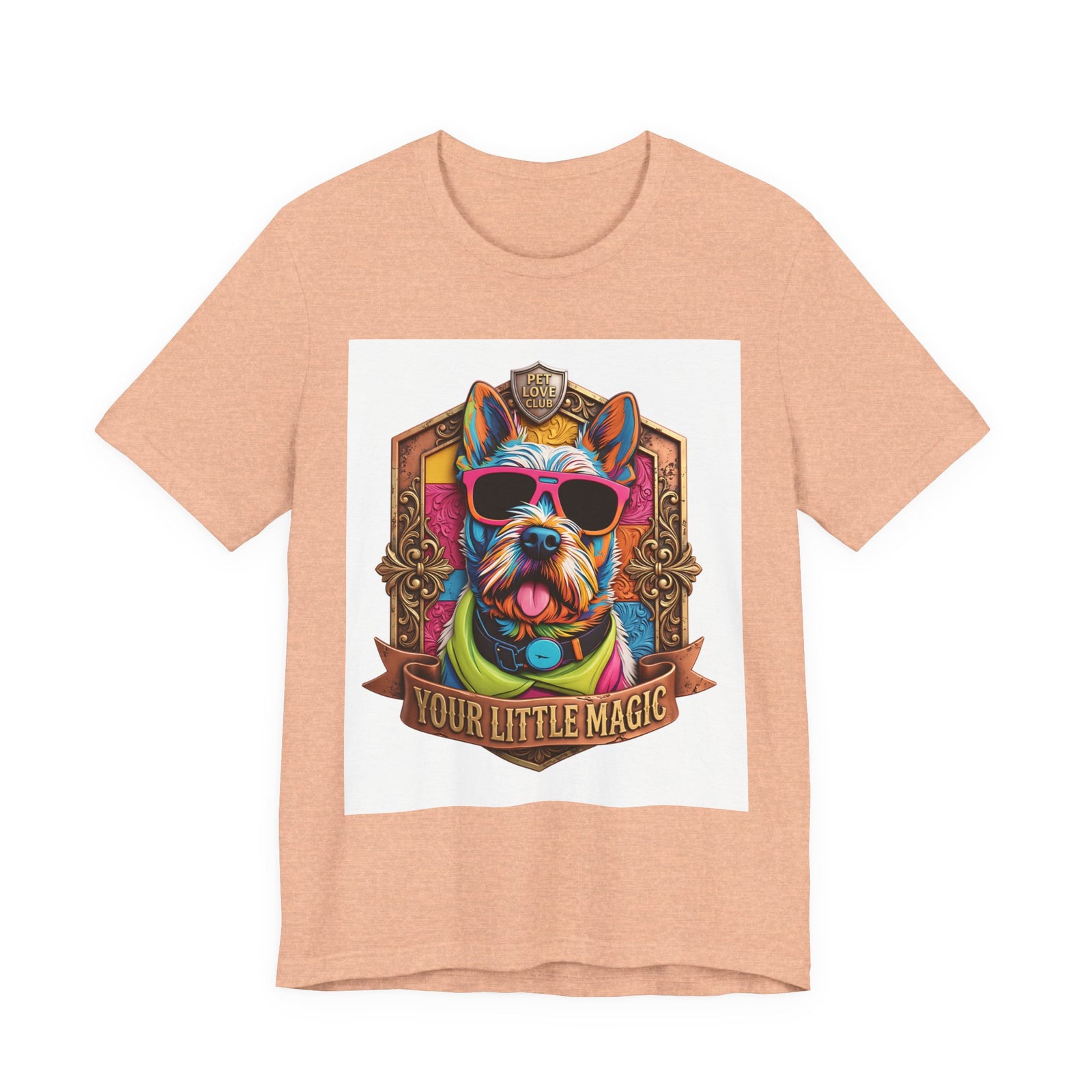 Your Little Magic Terrier in Sunglasses T-Shirt in Heather Peach, front view, print preview rendered from the print file