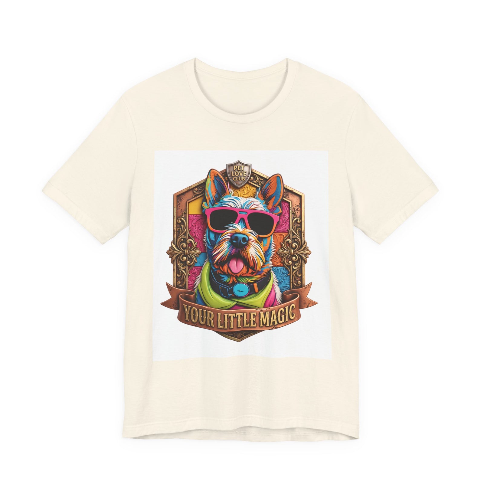 Your Little Magic Terrier in Sunglasses T-Shirt in Natural, front view, print preview rendered from the print file