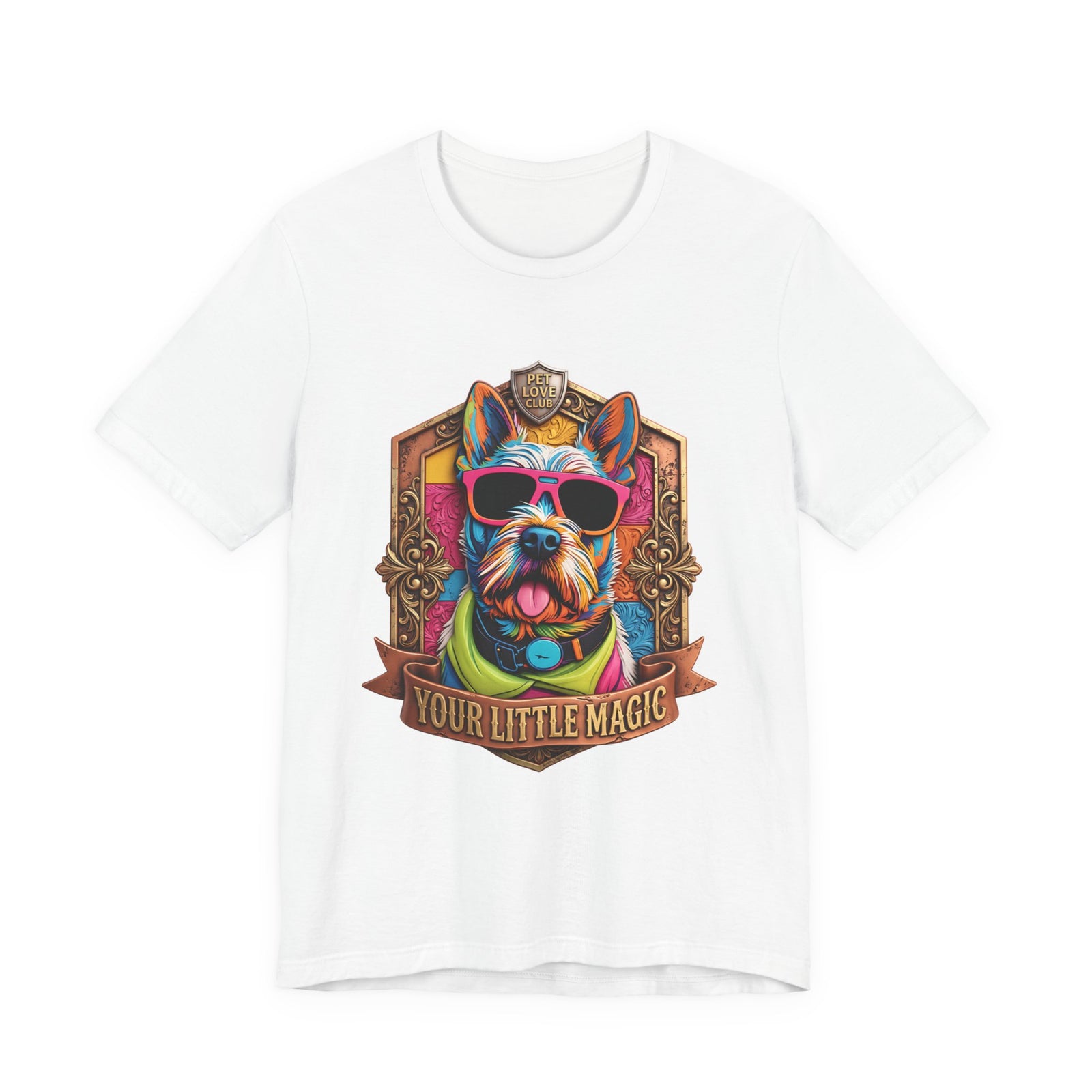 Your Little Magic Terrier in Sunglasses T-Shirt in White, front view, print preview rendered from the print file