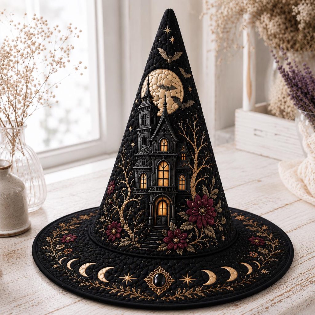 Quilted Halloween Witch Hat HG , Owl Witch Hat HG , Fall Costume Accessory, Spooky Party Hat, Autumn Halloween Costume, Witch Gift for Women