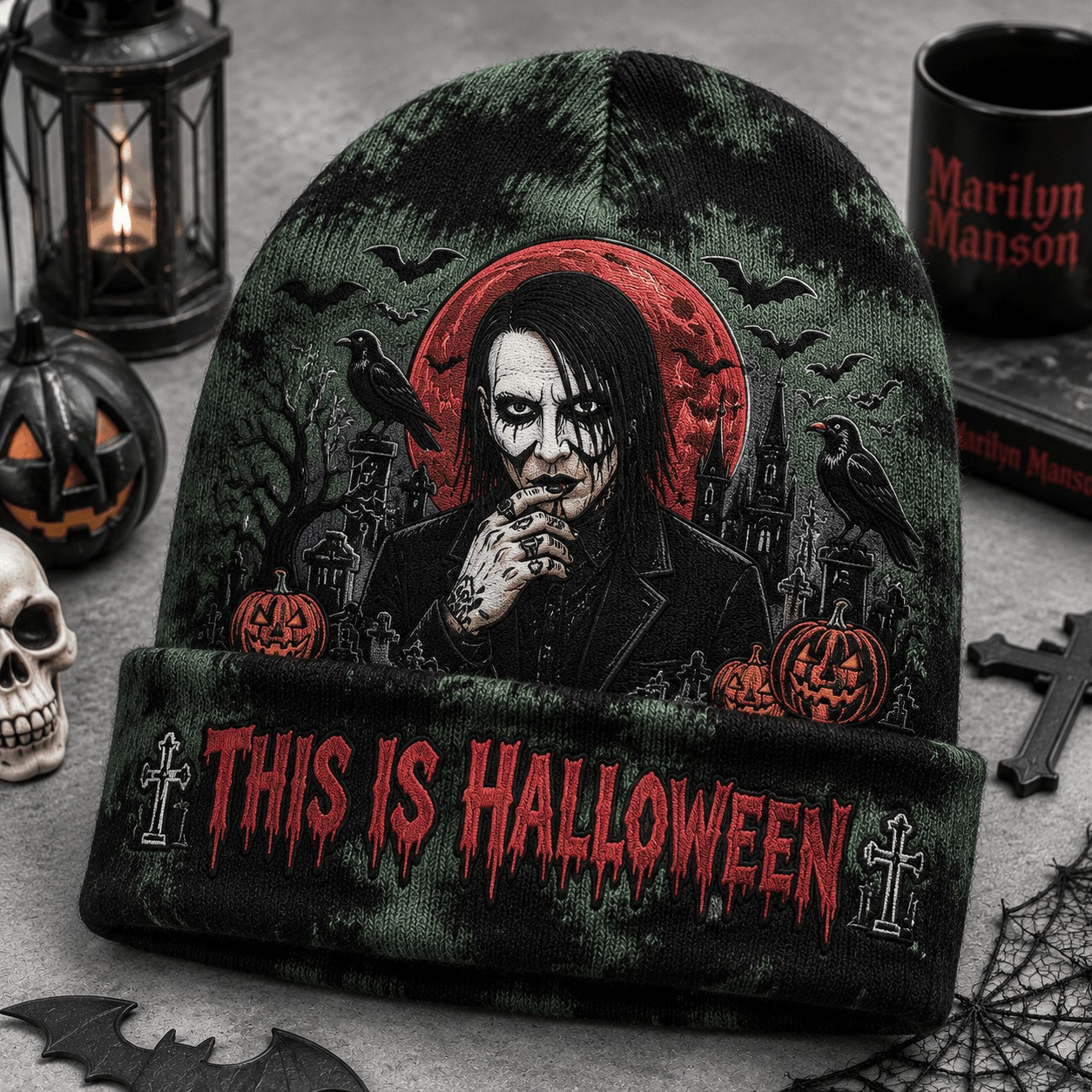 Spooky Marilyn Manson Halloween Tie Dye Beanie Hat HG Marilyn Manson This Is Halloween Cap