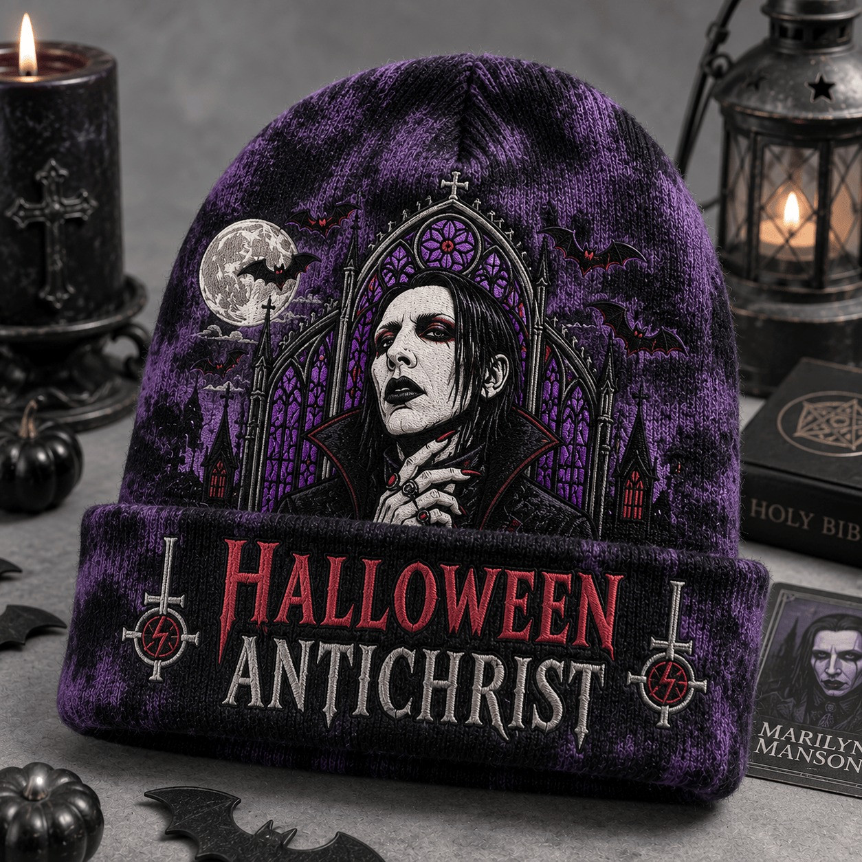 Spooky Marilyn Manson Halloween Tie Dye Beanie Hat HG Halloween Antichrist Cap