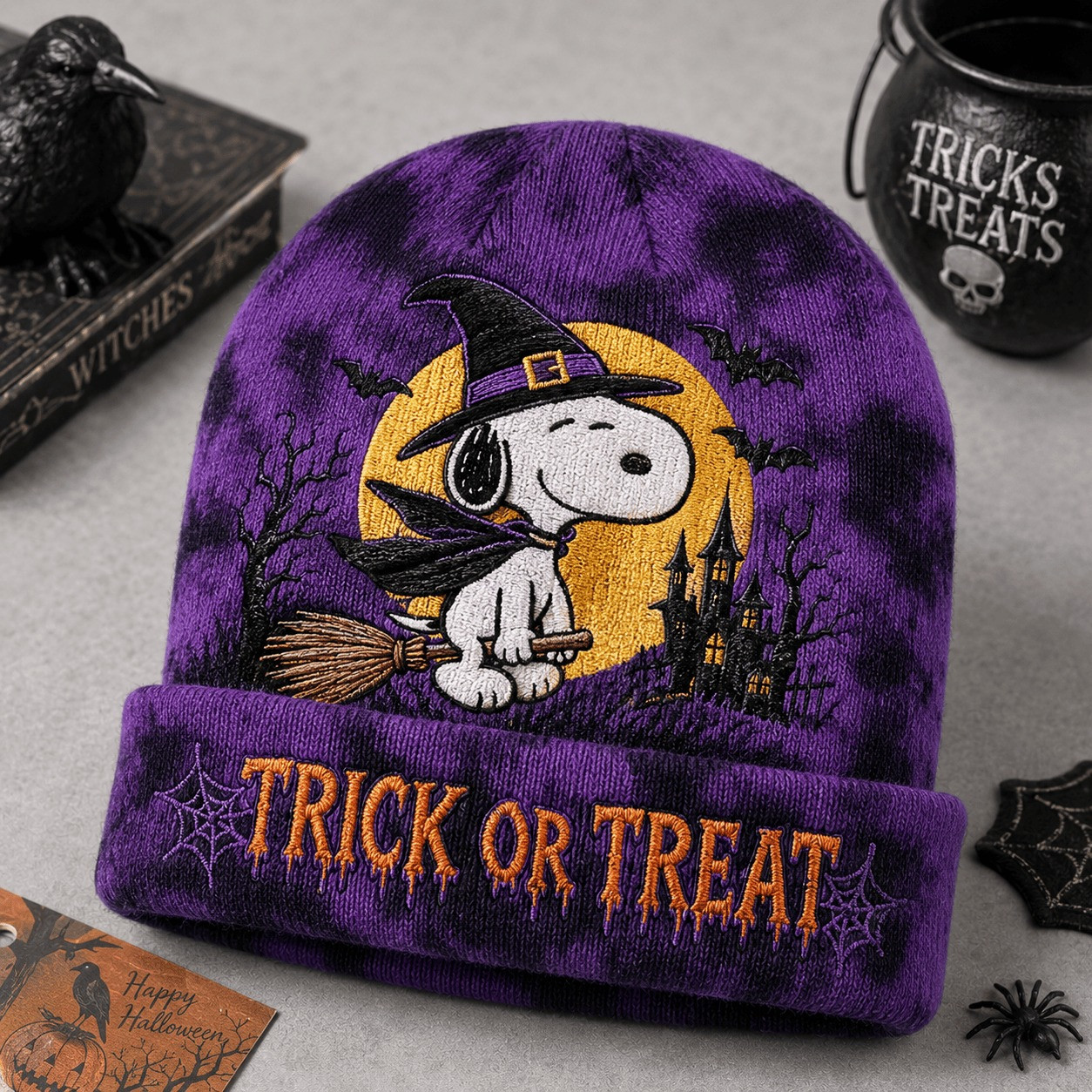 Spooky Snoopy Halloween Tie Dye Beanie Hat HG Cute Witch Snoopy Cap