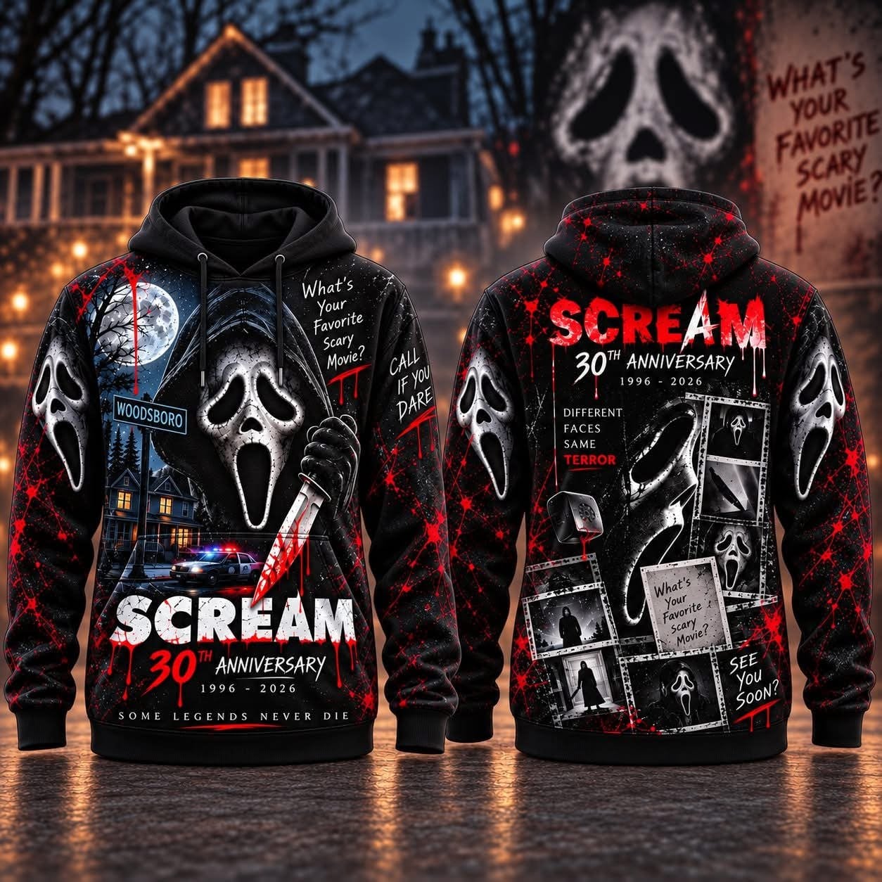 Scream Merch Ghostface 30th Anniversary Hoodie Gift For Halloween Spooky Horror HG Movie Fans