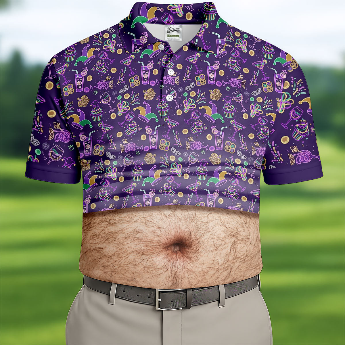 Purple Green Gold Mardi Gras Food Funny Tummy HFN Polo Golf Shirts For Men Women