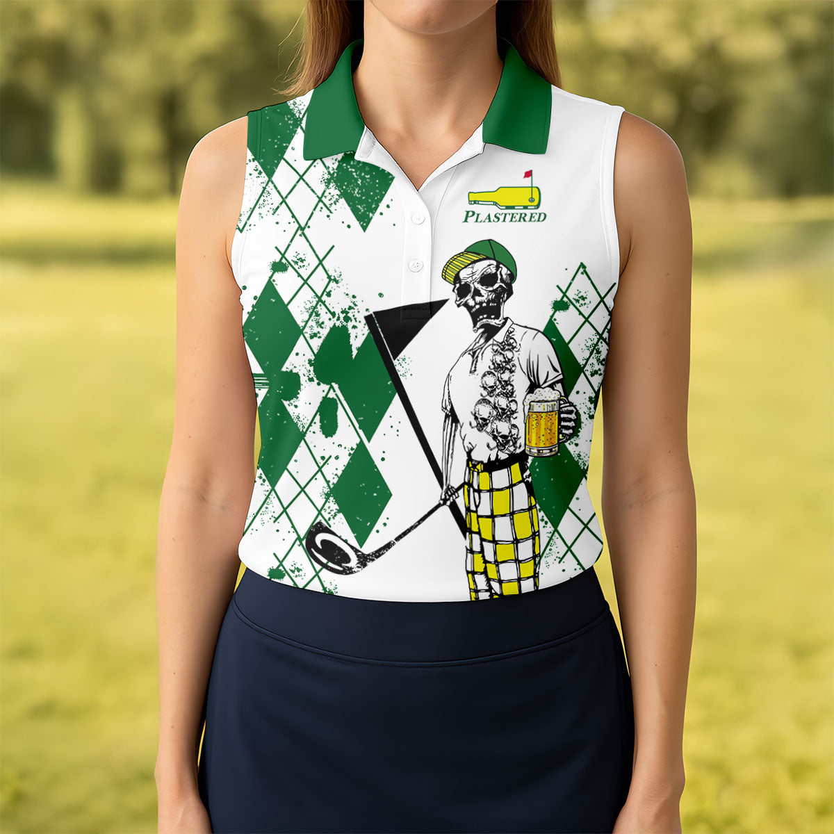 Plastered Golf And Beer Funny Skeleton Golf Tournament Green And White Performance HFN Polo Golf Shirt Gift For Men Women