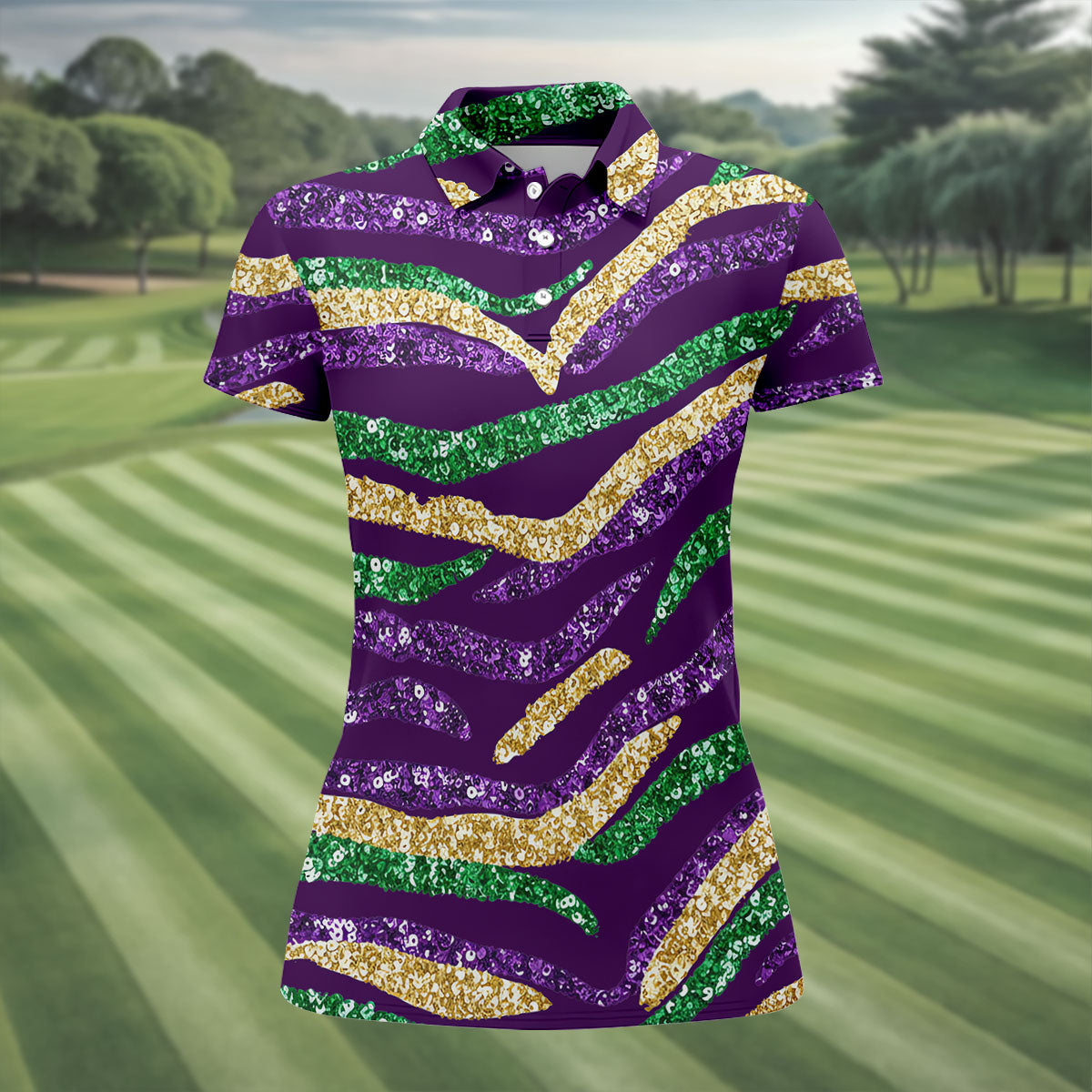 Purple Green Gold Sequin Pattern Purple HFN Polo Golf Shirt Gift For Men Women - Image 2