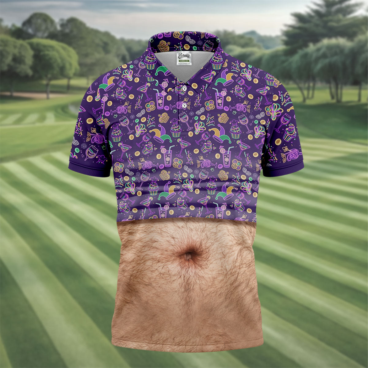 Purple Green Gold Mardi Gras Food Funny Tummy HFN Polo Golf Shirts For Men Women - Image 2