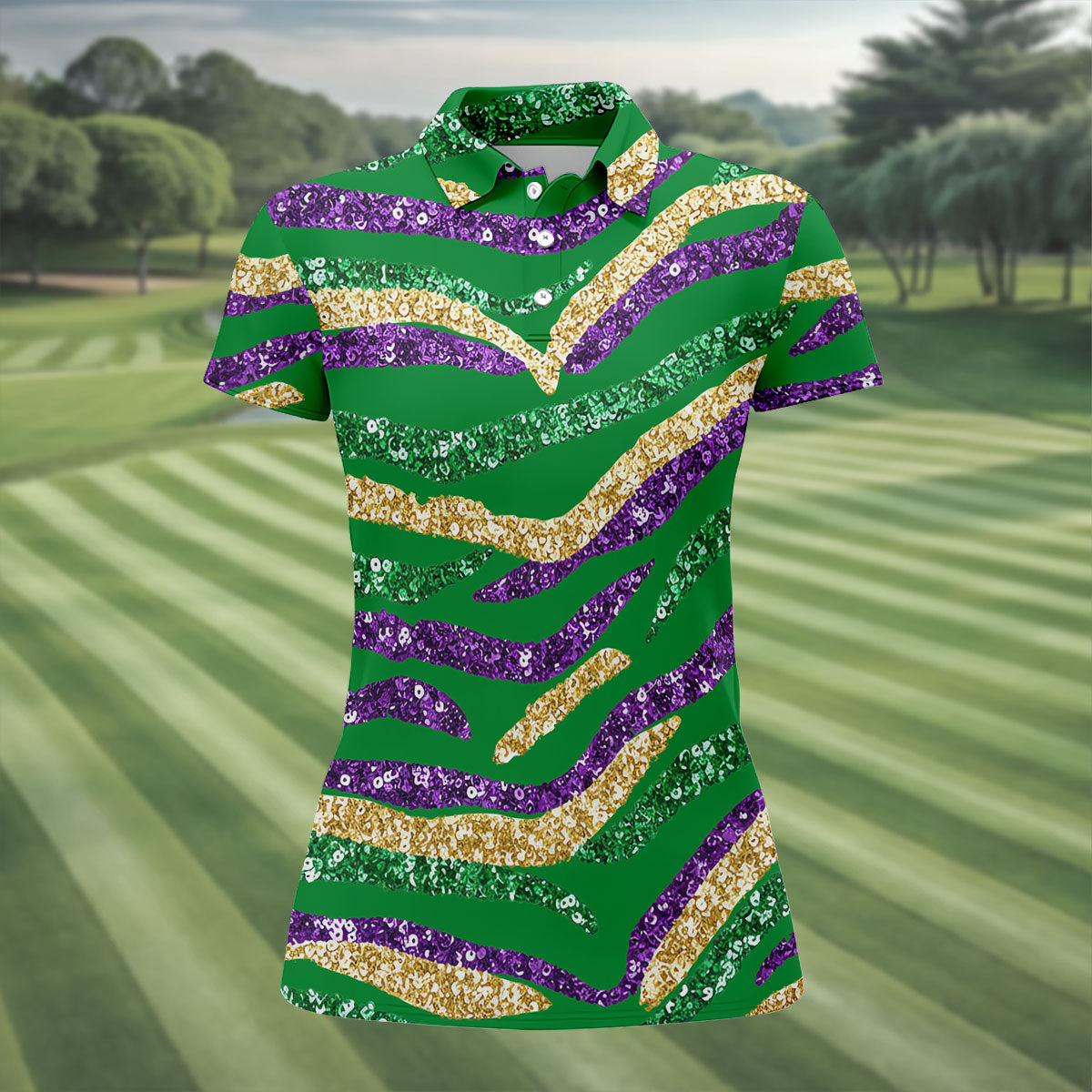 Purple Green Gold Sequin Pattern Green HFN Polo Golf Shirt Gift For Men Women - Image 2