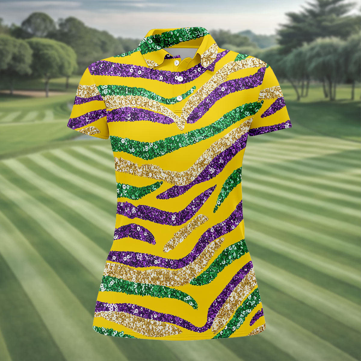 Purple Green Gold Sequin Pattern Yellow HFN Polo Golf Shirt Gift For Men Women - Image 2