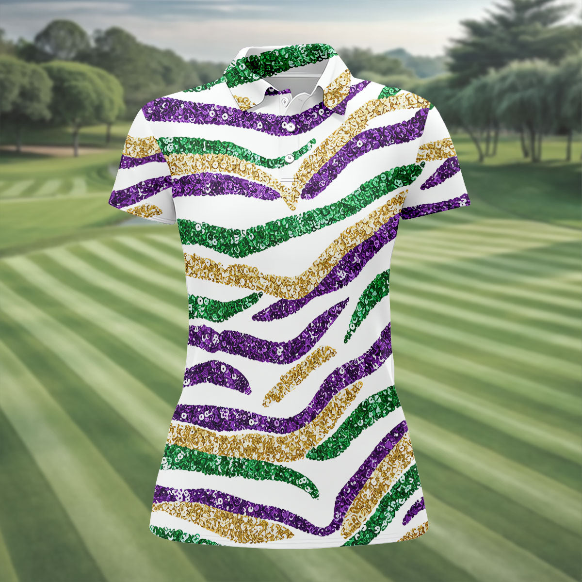 Purple Green Gold Sequin Pattern White Mardi Gras HFN Polo Golf Shirt For Men Women - Image 2