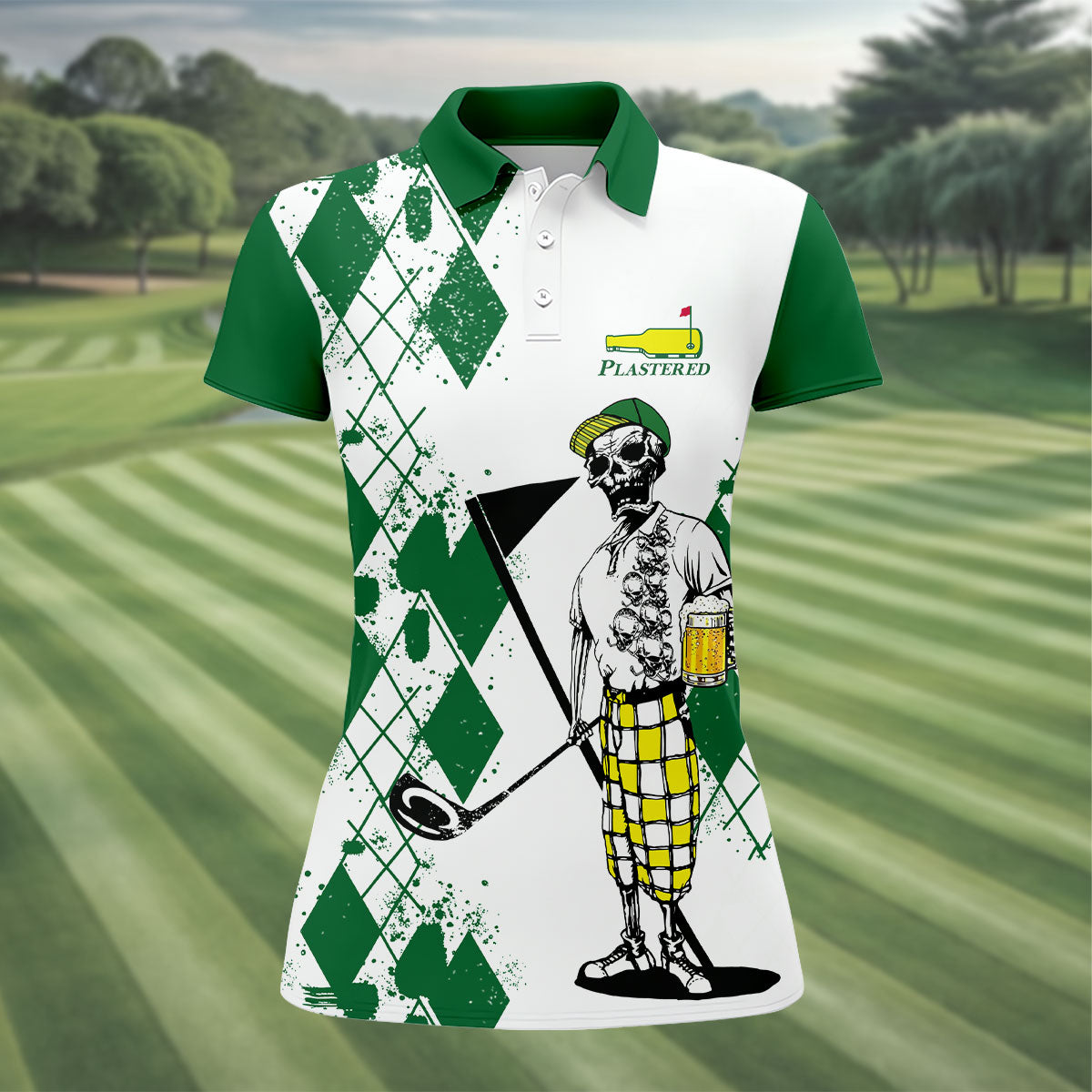 Plastered Golf And Beer Funny Skeleton Golf Tournament Green And White Performance HFN Polo Golf Shirt Gift For Men Women - Image 2