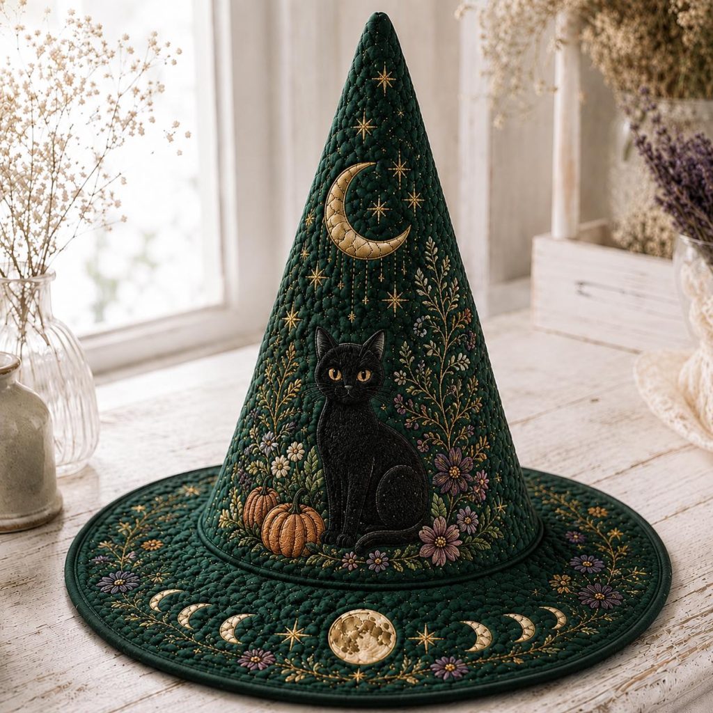 Vintage Quilted Witch Hat HG HG , Custom Printed Halloween Decor, Spooky Cottagecore Gift