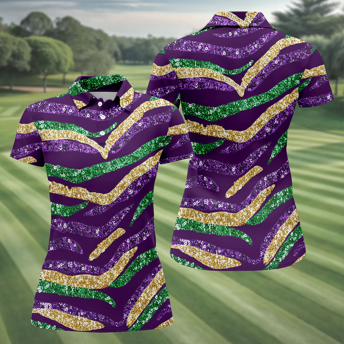 Purple Green Gold Sequin Pattern Purple HFN Polo Golf Shirt Gift For Men Women - Image 3