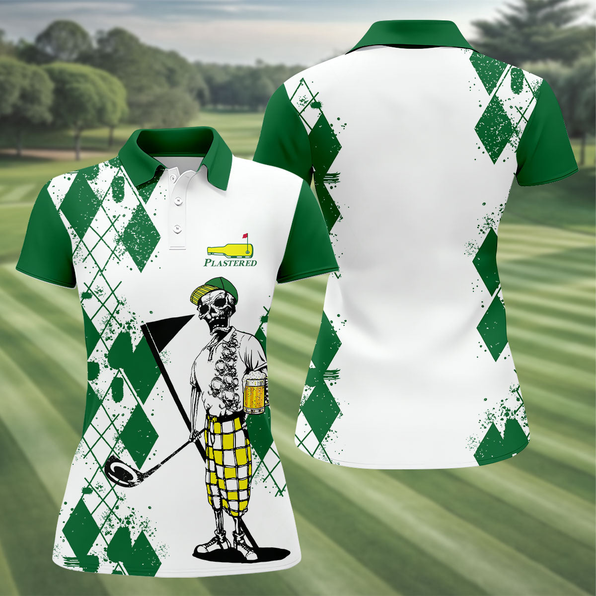 Plastered Golf And Beer Funny Skeleton Golf Tournament Green And White Performance HFN Polo Golf Shirt Gift For Men Women - Image 3