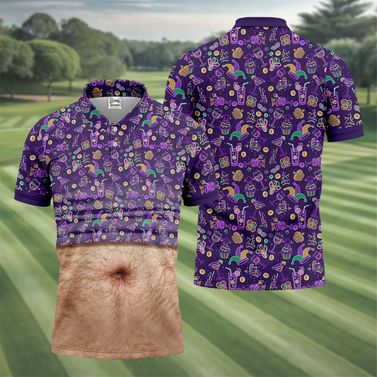 Purple Green Gold Mardi Gras Food Funny Tummy HFN Polo Golf Shirts For Men Women - Image 3