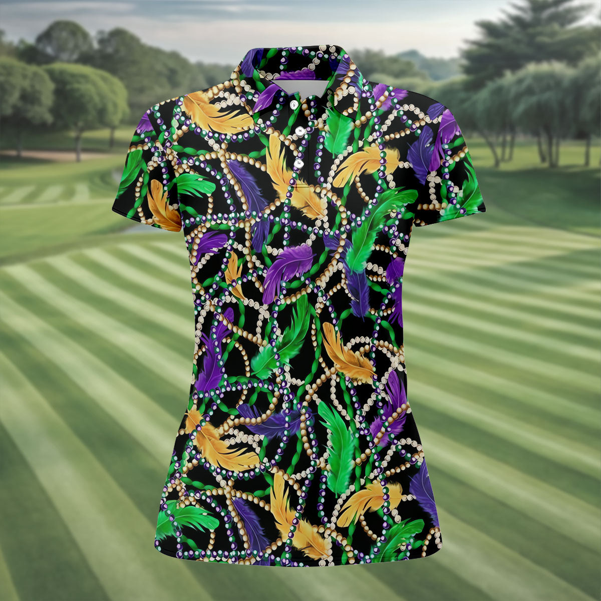 Purple Green Gold Feather Beads Mardi Gras HFN Polo Golf Shirt For Men Women - Image 2