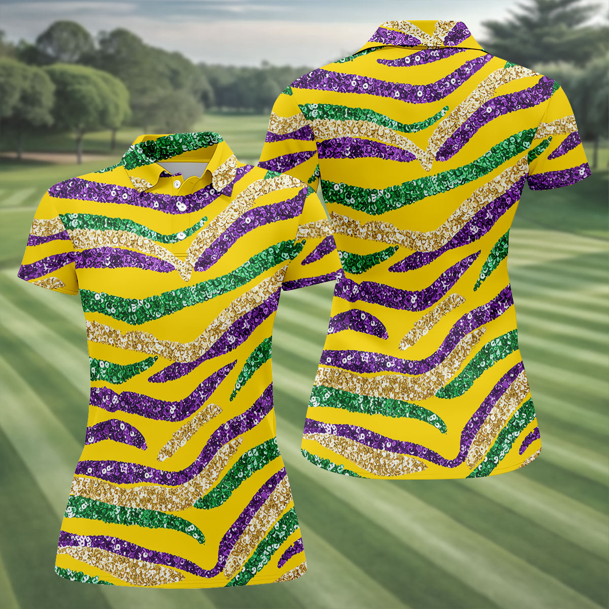 Purple Green Gold Sequin Pattern Yellow HFN Polo Golf Shirt Gift For Men Women - Image 3