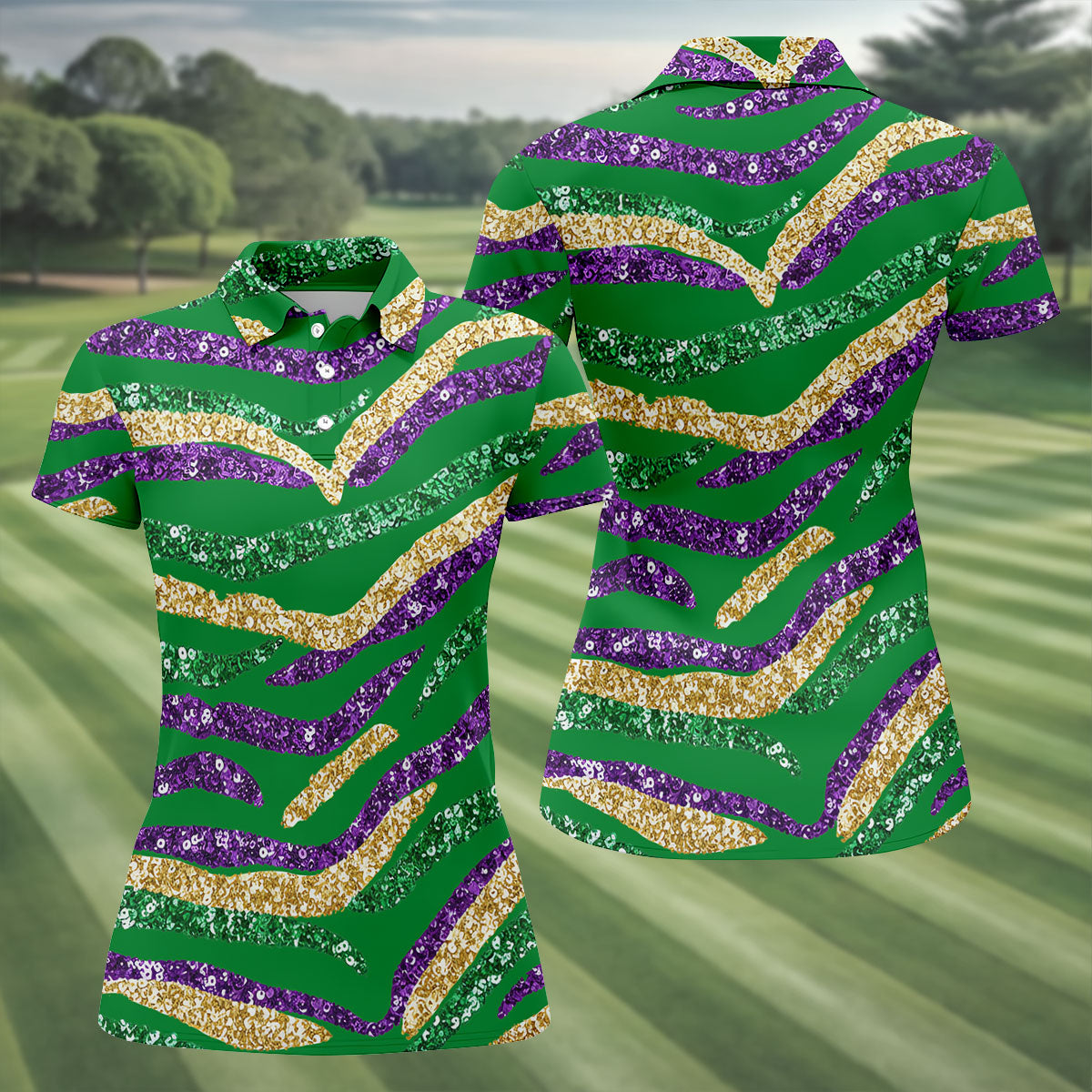 Purple Green Gold Sequin Pattern Green HFN Polo Golf Shirt Gift For Men Women - Image 3