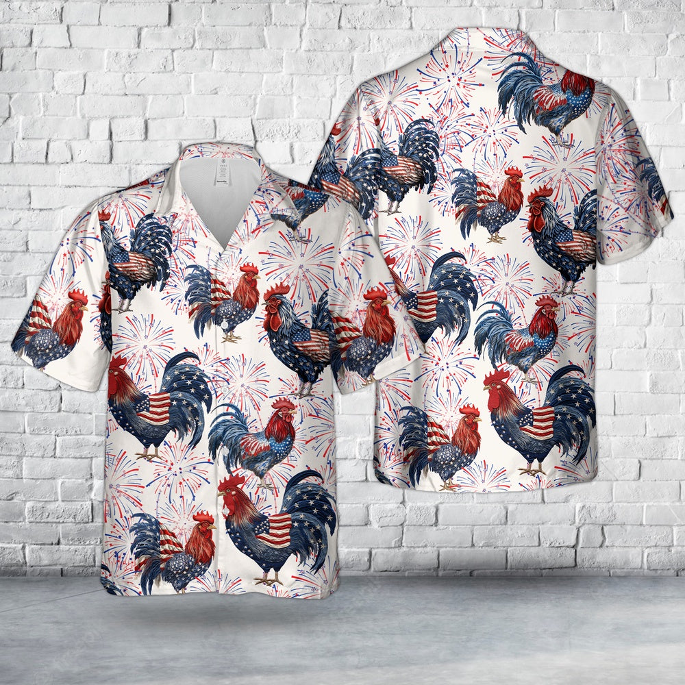 4Th Of July Hawaiian Shirts NNA American Themed Rooster in Red White and Blue Colors of the American Flag 4th Of July Hawaiian Shirt