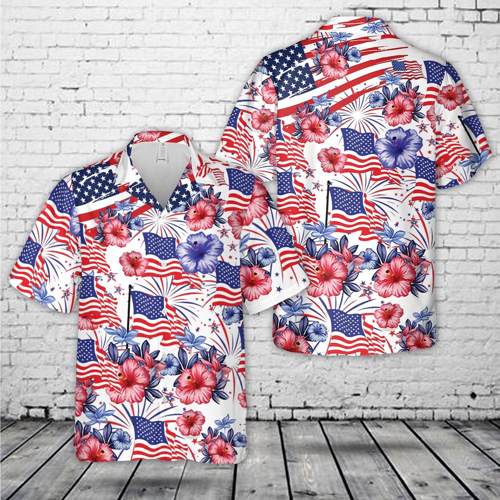 4Th Of July Hawaiian Shirts NNA Flower American Flag 4th Of July Hawaiian Shirt Hawaiian Beach Shirts For Men Women