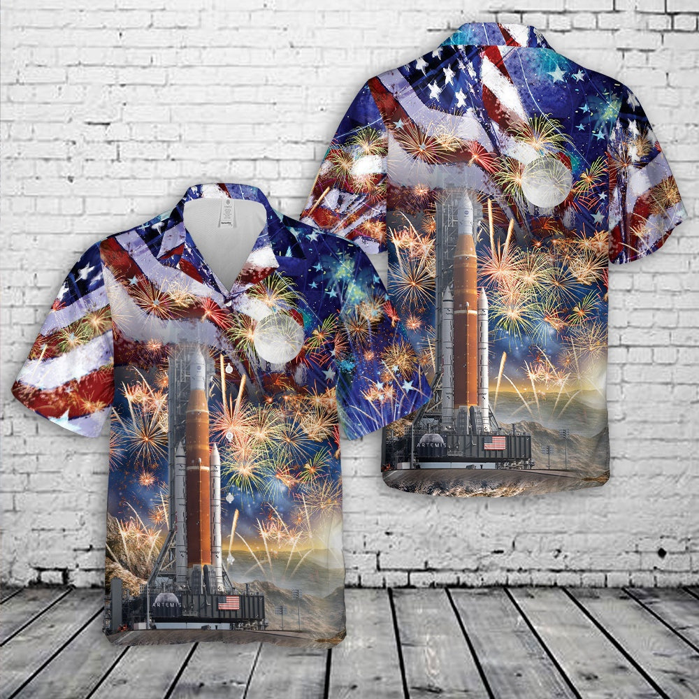 4Th Of July Hawaiian Shirts NNA Nasa Artemis Sls Moon Rocket 4Th Of July Hawaiian Shirt Military Aloha Shirts