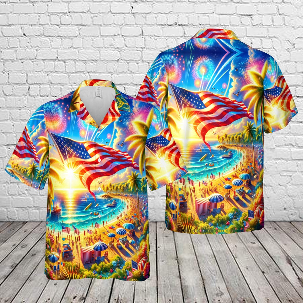 4Th Of July Hawaiian Shirts NNA Palm Trees And Beach On A Sunny 4th Of July Hawaiian Shirt Hawaiian Beach Shirts For Men Women