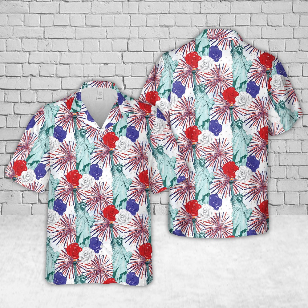 4Th Of July Hawaiian Shirts NNA Red White And Blue 4Th Of July Statue Of Liberty Hawaiian Shirt Military Aloha Shirts