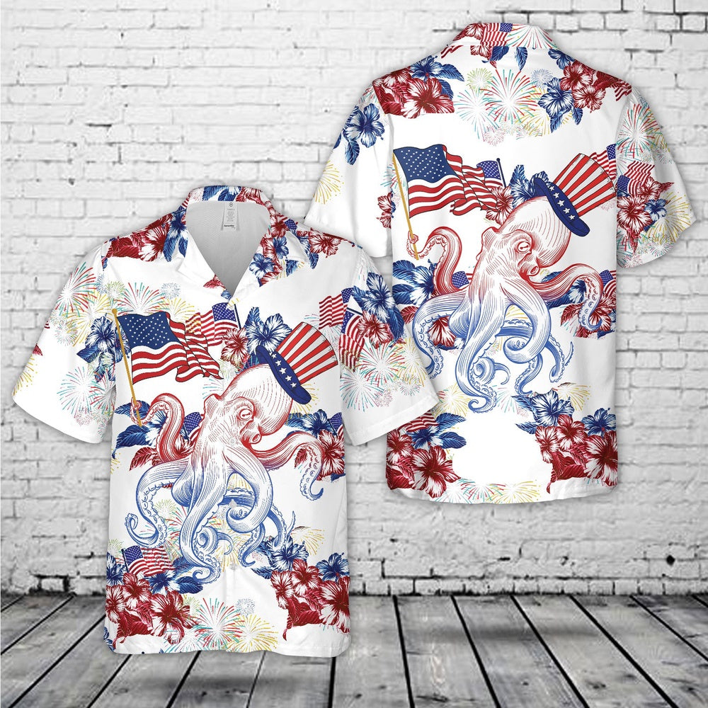 4Th Of July Hawaiian Shirts NNA Red White And Blue Octopus 4Th Of July Hawaiian Shirt Military Aloha Shirts