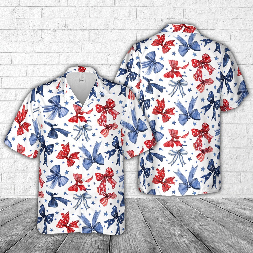 4Th Of July Hawaiian Shirts NNA Red White & Blue Bows 4Th Of July Hawaiian Shirt Military Aloha Shirts