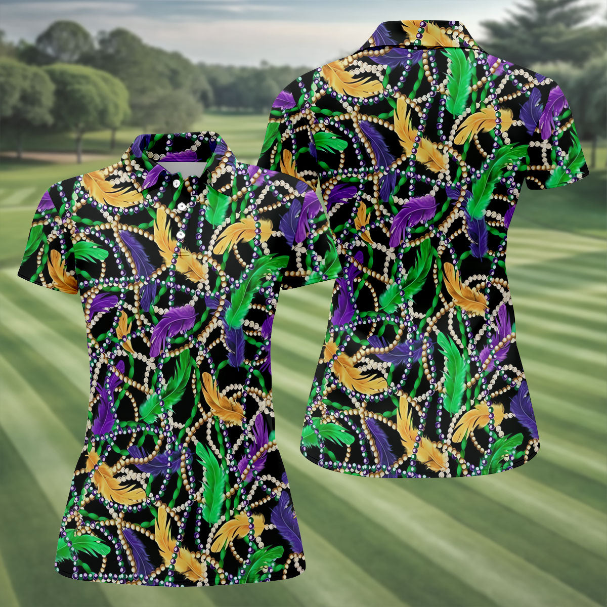 Purple Green Gold Feather Beads Mardi Gras HFN Polo Golf Shirt For Men Women - Image 3