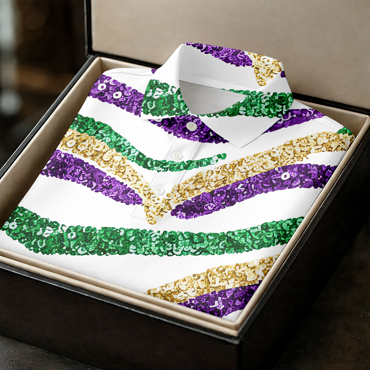 Purple Green Gold Sequin Pattern White Mardi Gras HFN Polo Golf Shirt For Men Women - Image 3