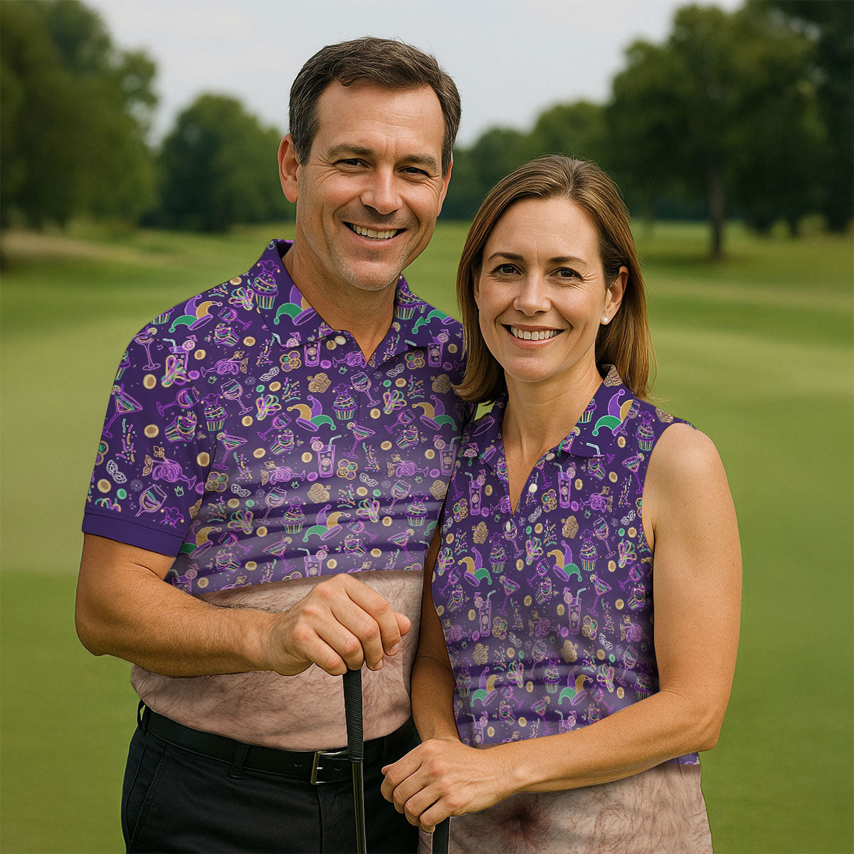 Purple Green Gold Mardi Gras Food Funny Tummy HFN Polo Golf Shirts For Men Women - Image 4