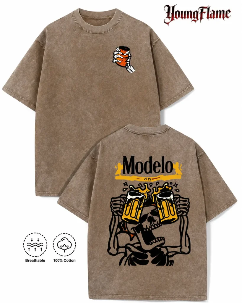 Vintage Acid Wash Skeleton Drinking Beer Graphic HG Tee Grunge Streetwear Y2K Clothing Oversized Summer Top loose fit casual shirt cotton t-shirt