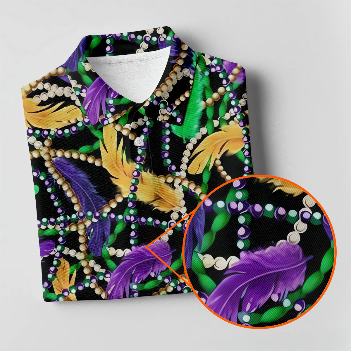 Purple Green Gold Feather Beads Mardi Gras HFN Polo Golf Shirt For Men Women - Image 4