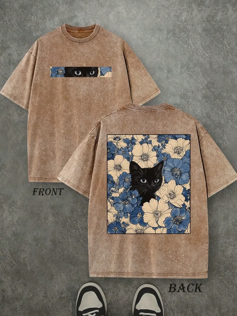 "Cat in the Flowers" Double-Sided Print T-Shirt HG Retro Washed 230gsm Cotton, Men's Casual Comfortable Street Style Tee, Vintage Floral Feline Graphic Top Oversized Streetwear Menswear Soft Tshirt