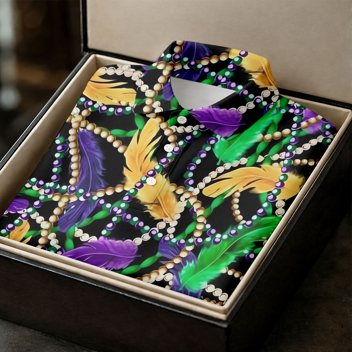 Purple Green Gold Feather Beads Mardi Gras HFN Polo Golf Shirt For Men Women - Image 5